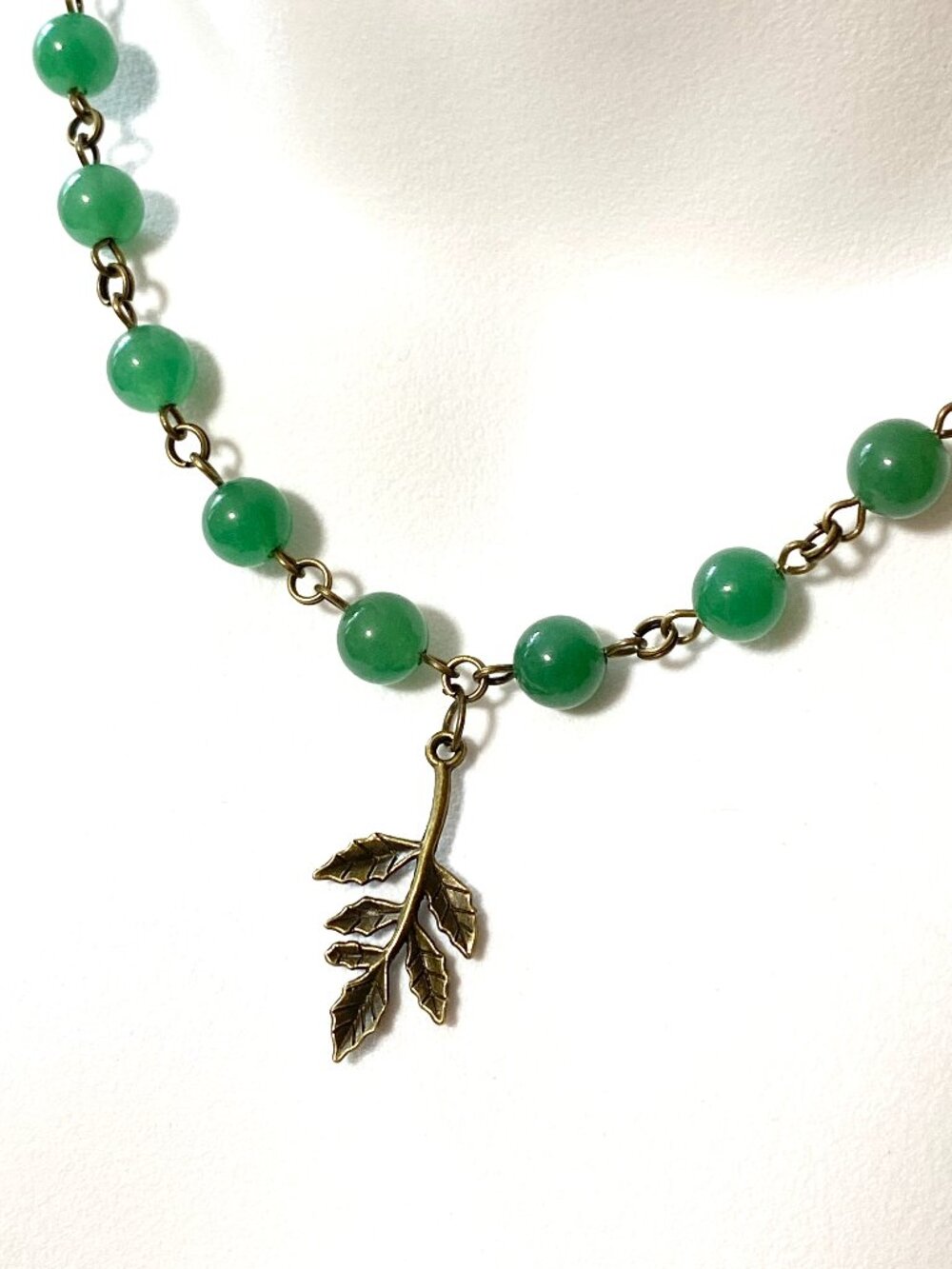 Natural Green Chalcedony Short Necklace, Gemstone & Bronze Leaf Branch